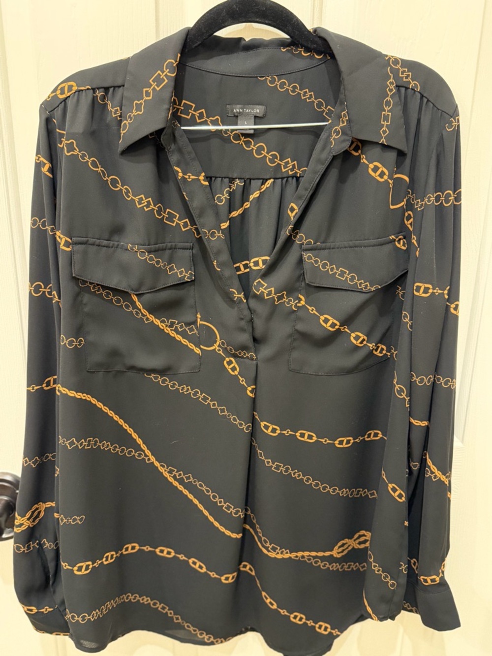 Ann Taylor Black Blouse with Gold Chain Motif